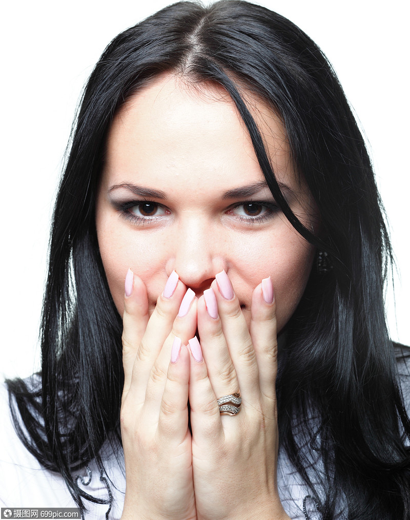 谨慎,尴尬,意义的沉默,漂亮的女人,双手捂住嘴