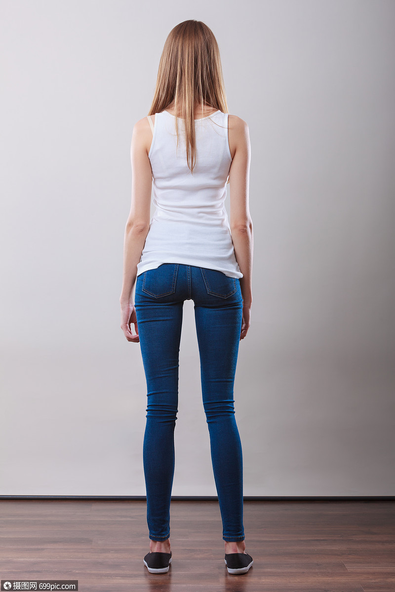 女人全长牛仔裤子白色空白顶部背视图