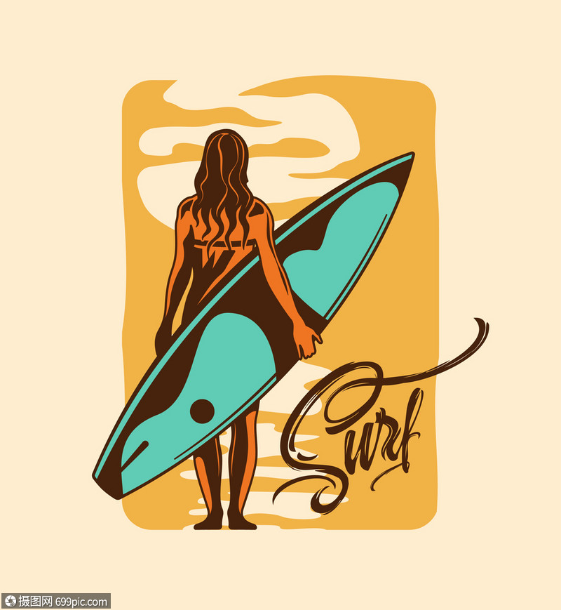 冲浪手绘背景与轻女孩穿着泳衣站海边,着冲浪板矢量插图冲浪手绘矢量