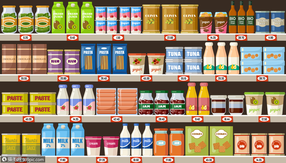 超市,货架上产品饮料矢量平插图
