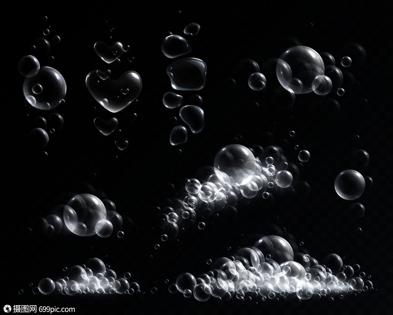 同形状的肥皂泡沫气泡透明背景矢量图上隔离肥皂泡沫套装