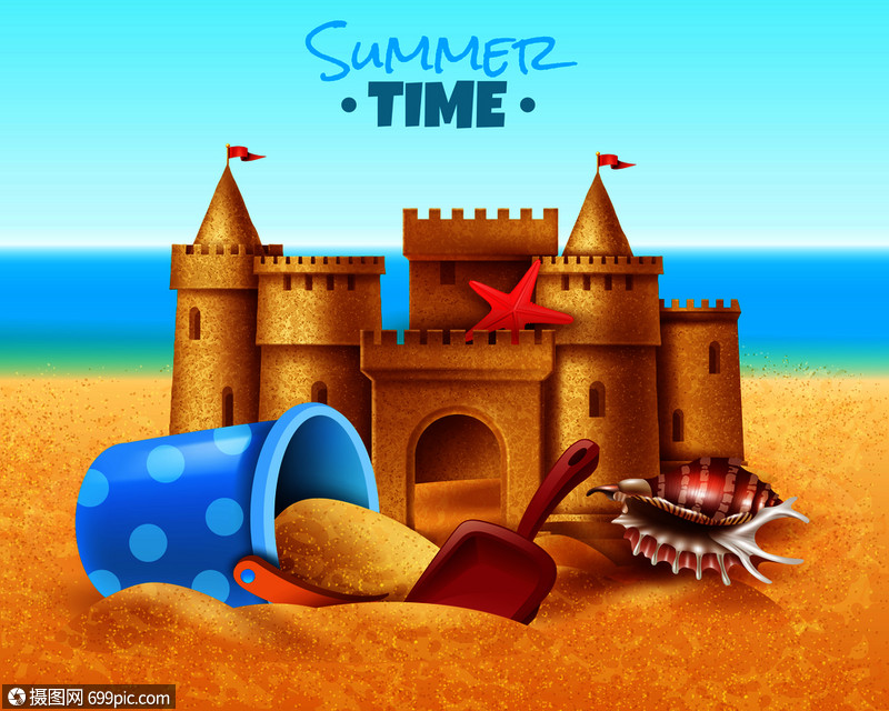 插画 背景素材 夏季现实矢量插图与沙堡儿童沙坑玩具南海海滩沙堡写实