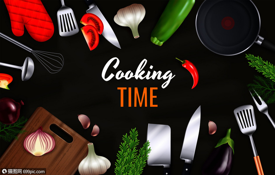烹饪时间背景与厨具炊具象现实矢量插图海报厨师