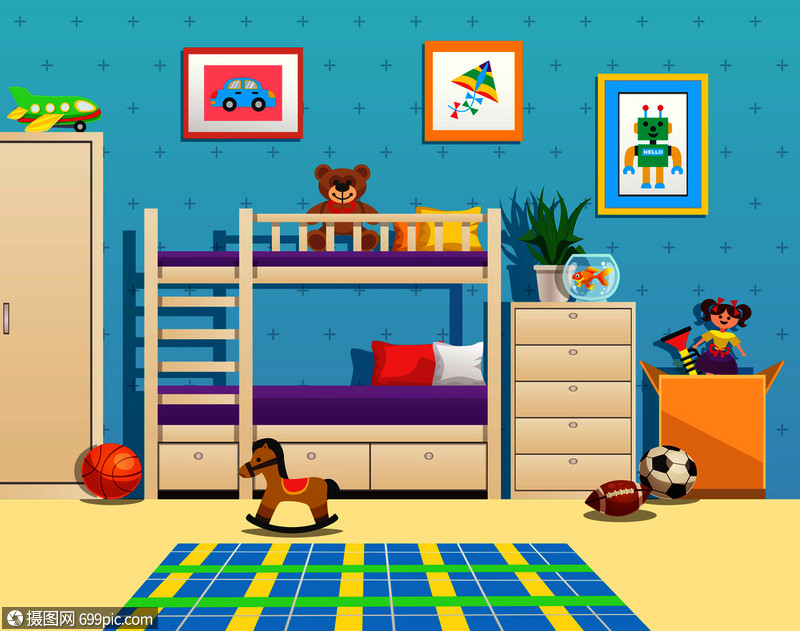 整洁的儿童房间内部与双层床图片墙上水族馆与鱼玩具矢量插图门要素