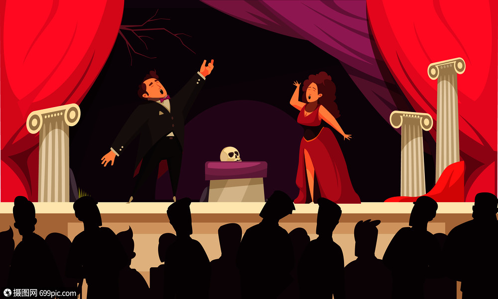 歌剧剧院场景平卡通海报与2名歌手咏叹调舞台表演观众剪影矢量插图柱