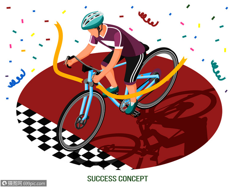 格自行车骑手跨越终点线与可编辑的文本矢量插图胜利者骑手成功队努力