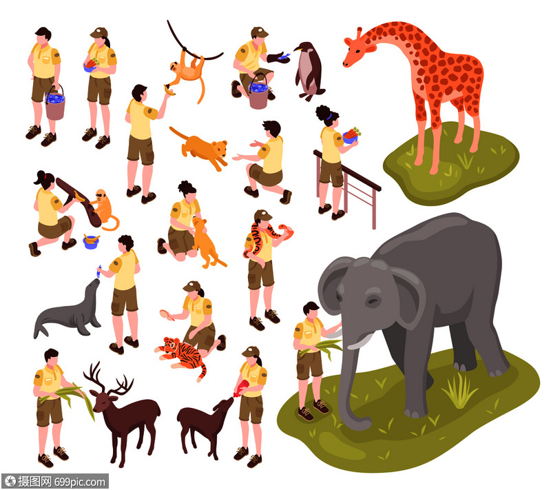等距动物园工作人员空白背景矢量插图上了动物园饲养员动物的孤立人类