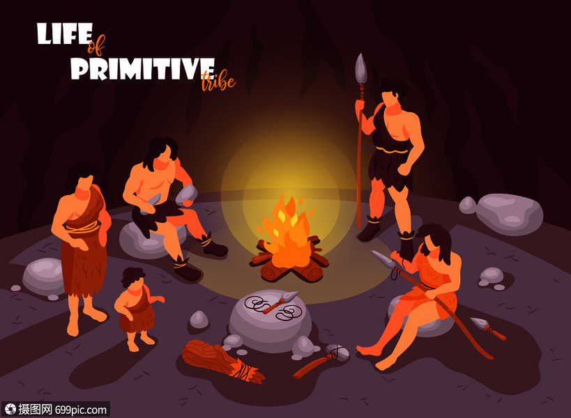 等距原始人洞穴人构图与洞穴风景篝火部落成员的人类特征矢量插图生活