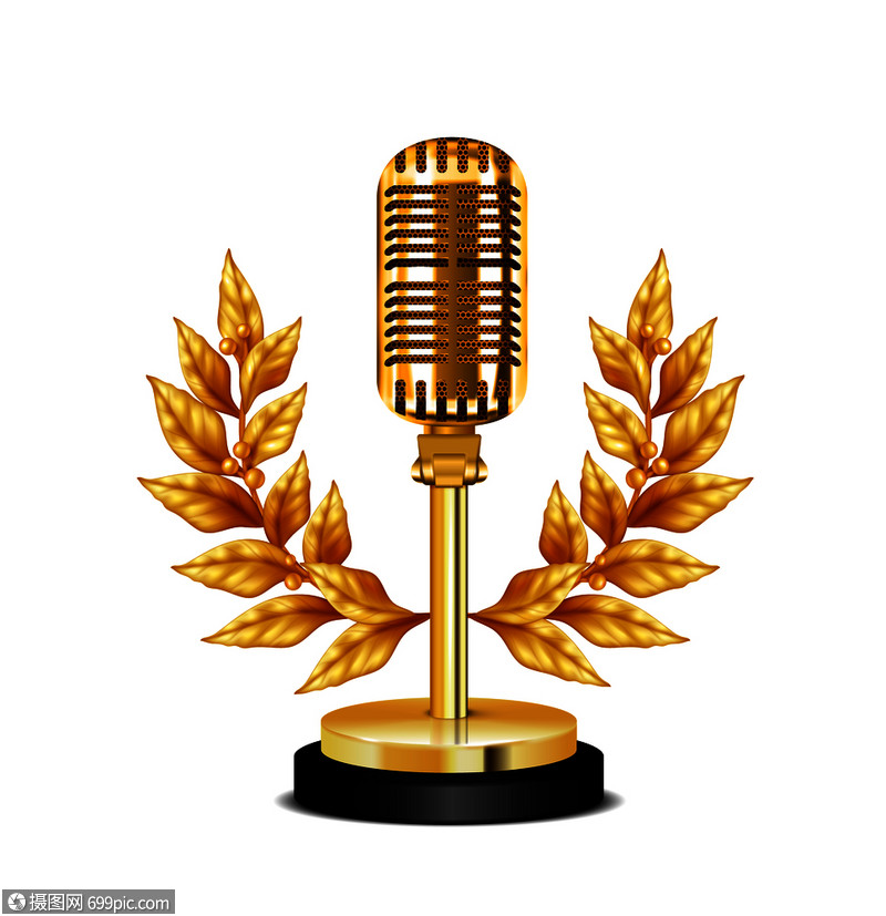 金色复古奖桌麦克风装饰花圈白色背景现实矢量插图