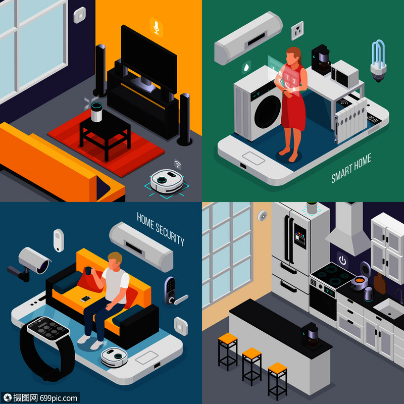 智能家居4等距成与厨房浴室电视物联网智能手机智能手表控制设备矢量