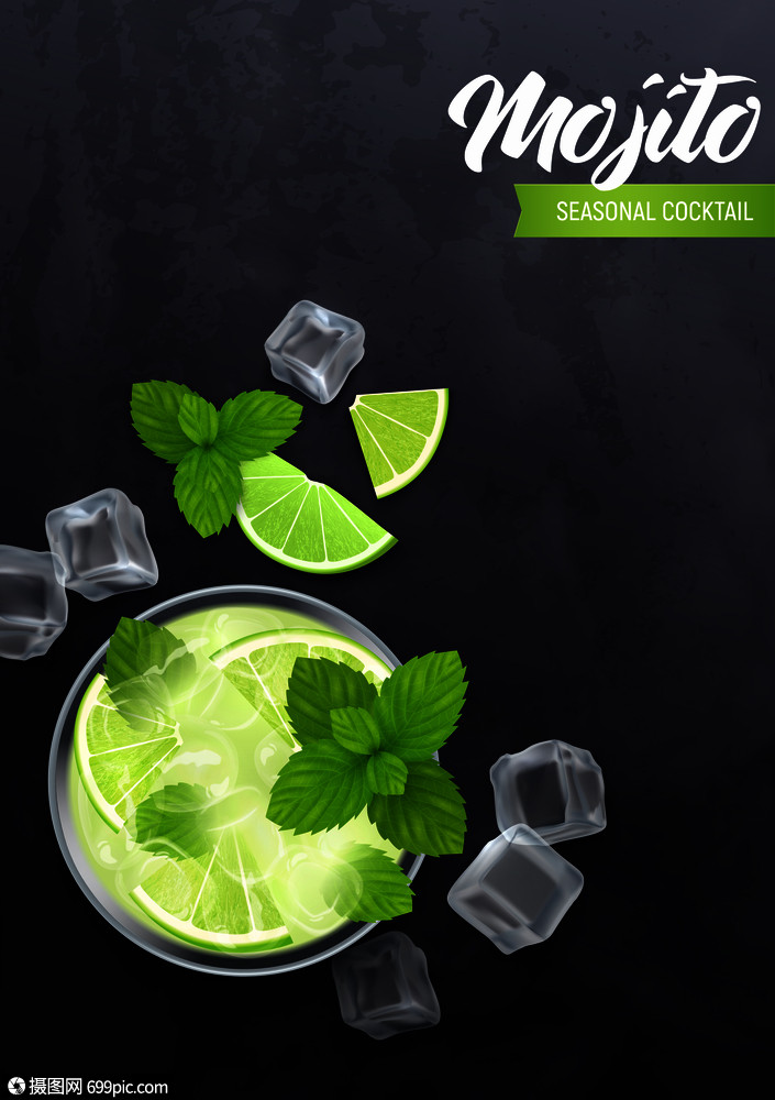 莫吉托鸡尾酒海报与薄荷柠檬朗姆酒现实矢量插图酒吧乌皮卡皮