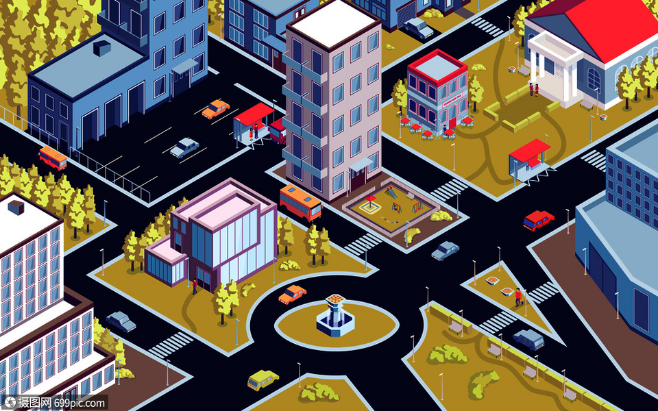 等距城市水平构图与鸟瞰现代城市地区与街道建筑矢量插图块广场