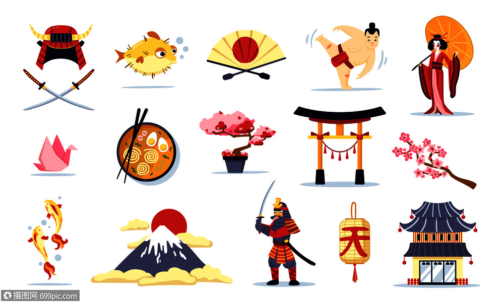 日本符号卡通套日出寿司,三村妇女服与伞孤立矢量插图