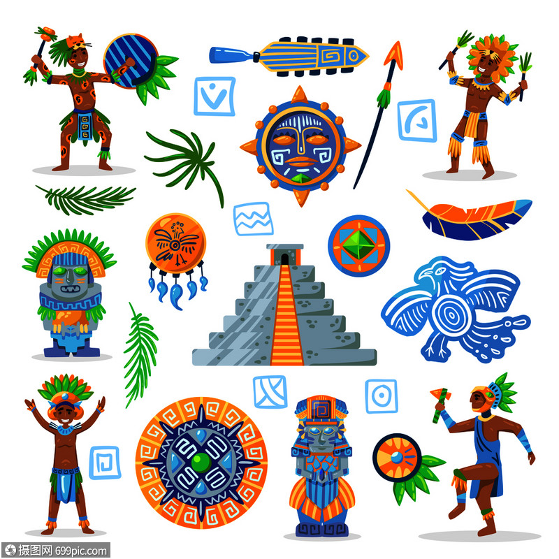 玛雅文明色彩图像的部落珠宝与人物的土著人空白背景矢量插图
