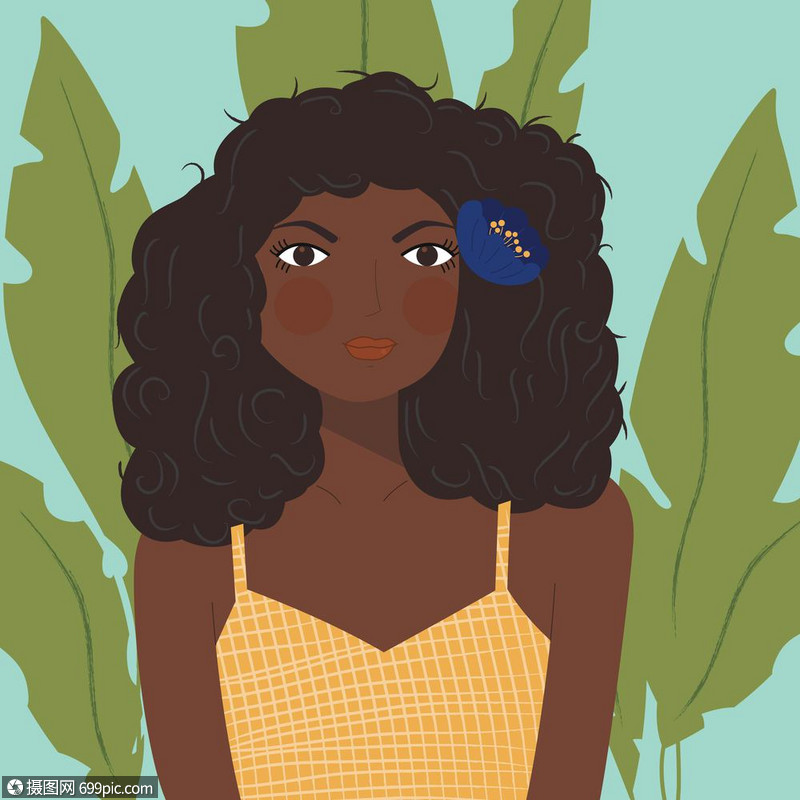 美国女孩的肖像,穿着图案衬衫,蓝色背景上绿色植物,平矢量插图卡通