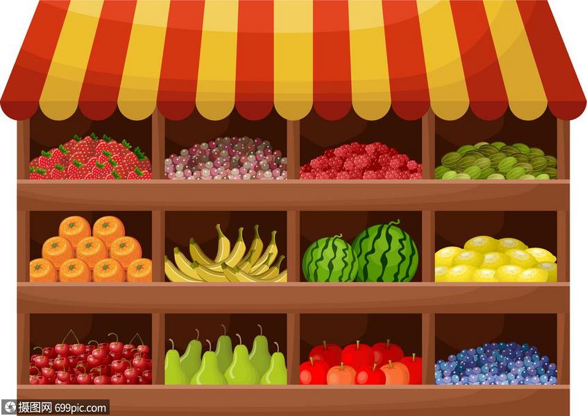 水果农民商店产品的柜台矢量