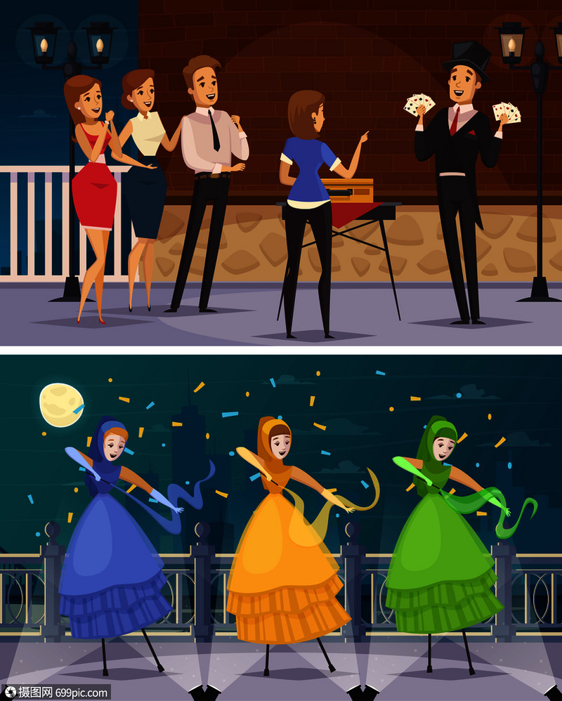 插画 背景素材 街头艺术家平卡通作品与魔术师表演女孩穿着仙女服装