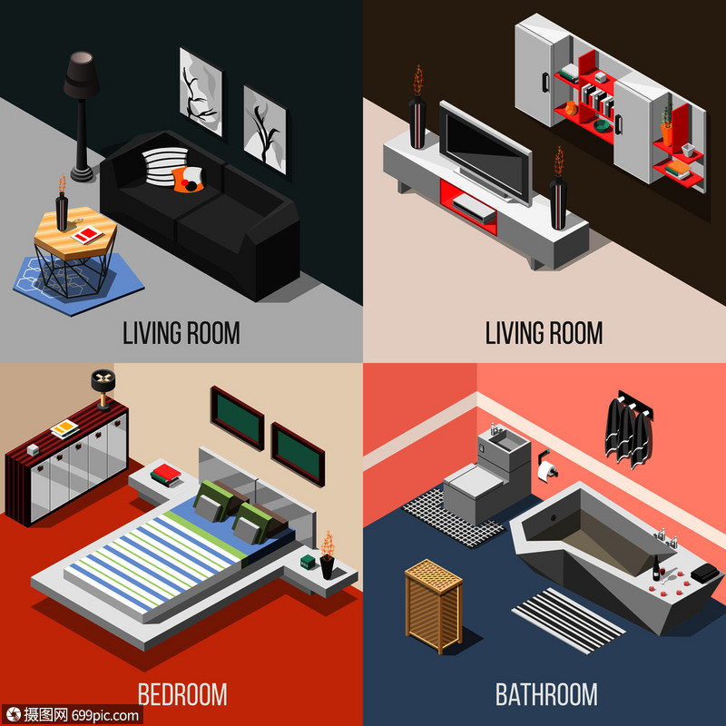 攝圖網>插畫>生活方式>未來主義的家庭內部等距,包括客廳,臥室,浴室與