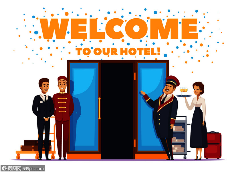 欢迎来酒店卡通海报与好客的酒店工作人员附近的开门矢量插图欢迎来