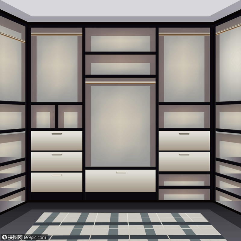 摄图网>插画>生活方式>空储藏室衣柜衣帽间内部与货架悬挂栏杆鞋架