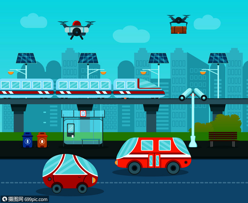 智能城市构图与卡通风格的图像未来主义汽车单轨无人机城市景观矢量