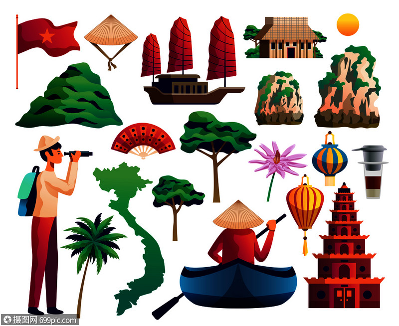 越南图标集越南地标传统文化符号矢量插图越南套