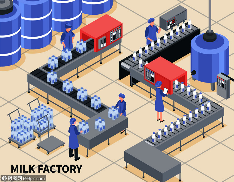 工厂三维等距矢量图上牛奶包装工艺牛奶工厂插图墙纸新鲜的