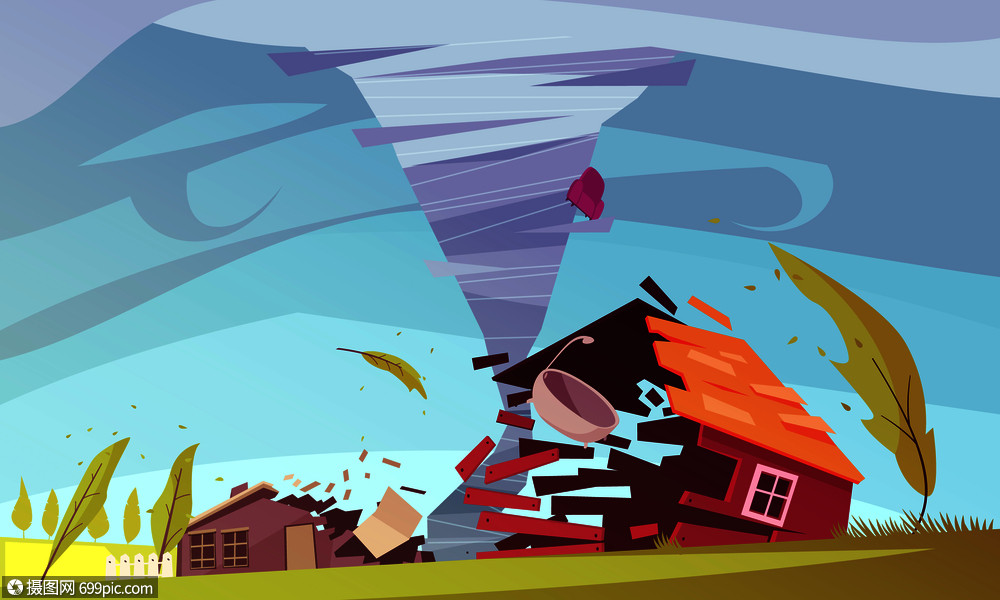 插画 其他 自然灾害室外构图与生活房屋的风暴平图像的天空环境矢量