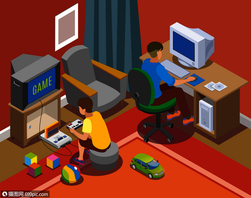 插画 生活方式 复古小工具等距构图与青少接近个人电脑游戏控制台矢量