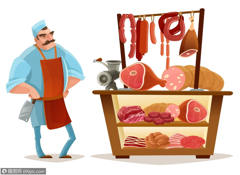 屠夫卡通肉店肉类市场卡通与香肠孤立矢量插图