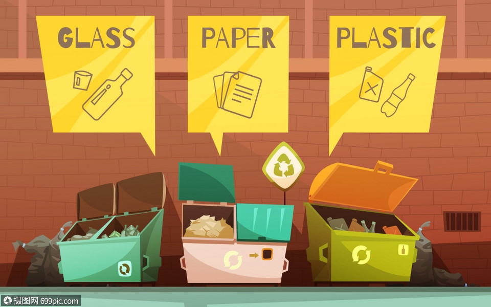 垃圾分类卡通图标生活垃圾分类彩色容器璃纸塑料回收广告卡通海报抽象