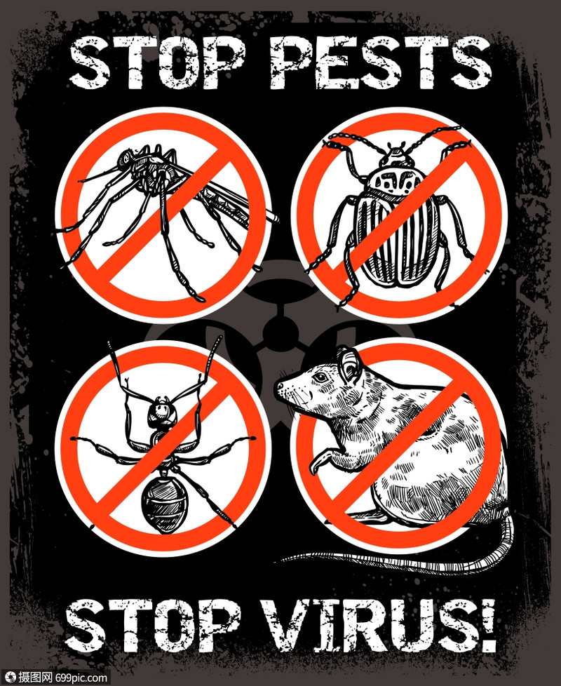 插画 背景素材 素描害虫防治昆虫海报用昆虫啮齿动物矢量插图为害虫