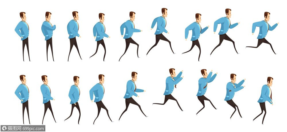 跑步跳跃男人动画动画与帧序列的运行跳跃男子商业套装卡通风格孤立