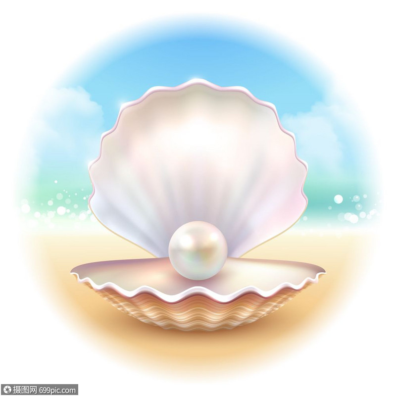 逼真的外壳圆形构图真实的贝壳珍珠沙质冲浪海滩图像与夏季天空刻模糊