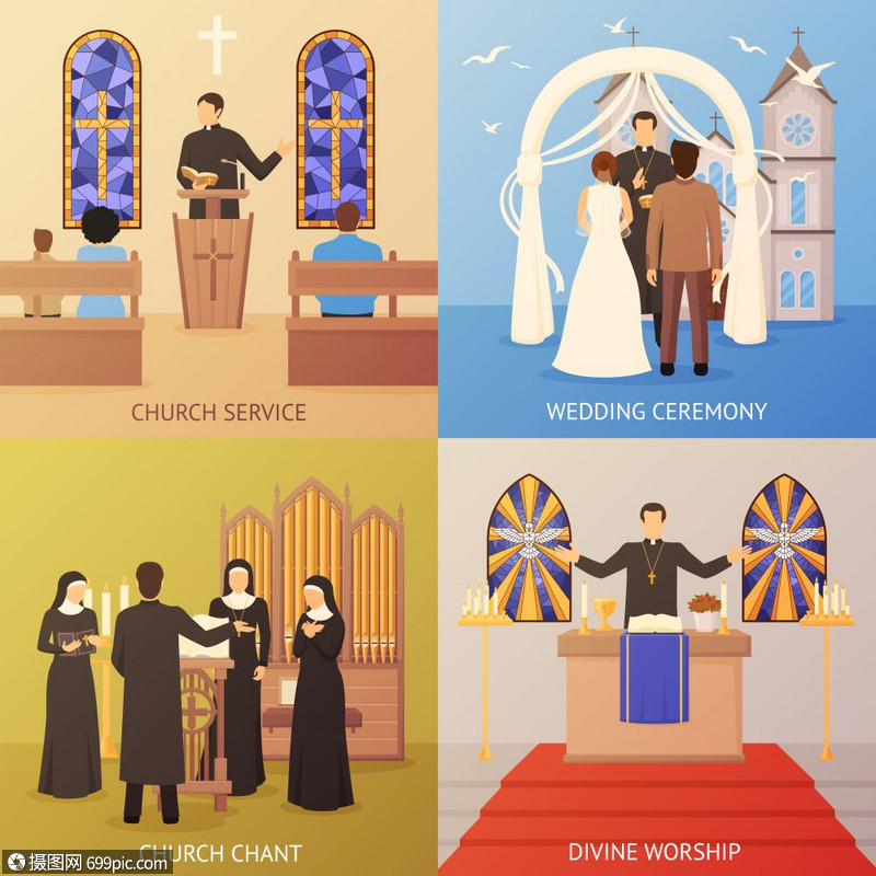 教堂2x2理念彩色宗教2x2理念与教堂服务婚礼仪式平孤立矢量插图