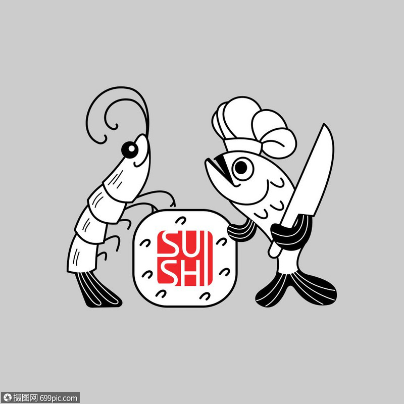 标志寿司与虾鱼虾,鱼寿司矢量插图,标志,章光背景上隔离日本餐厅的