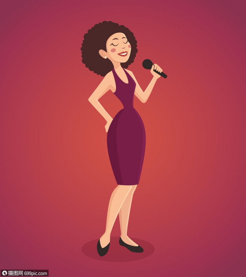 歌手女插图歌手女人穿着连衣裙,用麦克风卡通矢量插图唱首歌