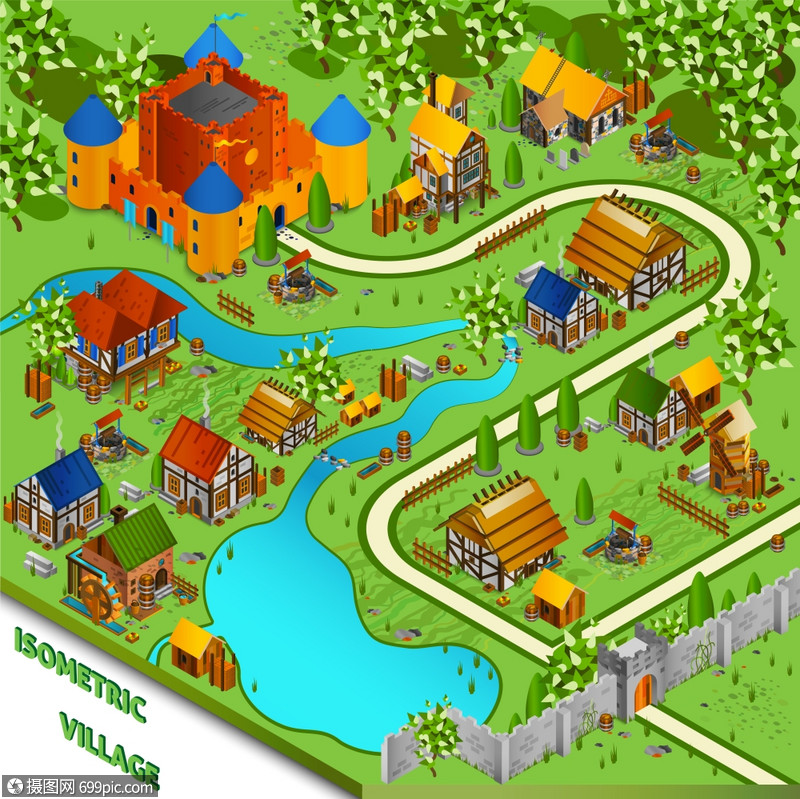 村庄等距景观中世纪等距景观与河村城堡的卡通风格矢量插图绿色欧洲