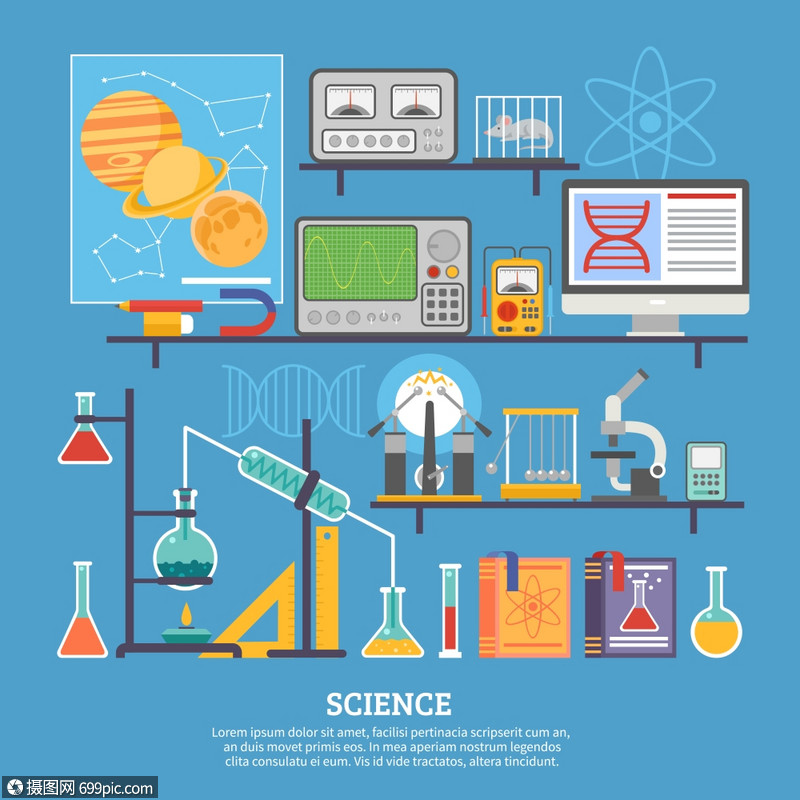 科學研究實驗室平板橫幅生物化學科研實驗室平海報與顯微鏡化學反應試