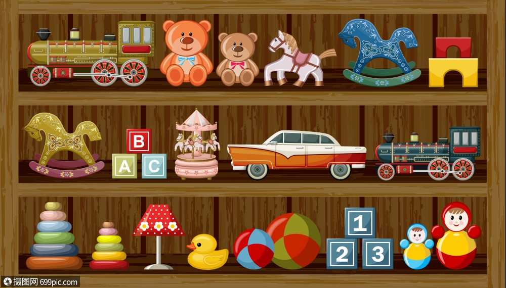 木制橱窗带老式玩具的商店橱窗矢量插图