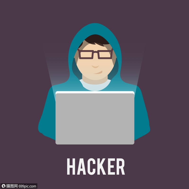 黑客图标男子帽衫与笔记本电脑平隔离黑暗背景矢量插图