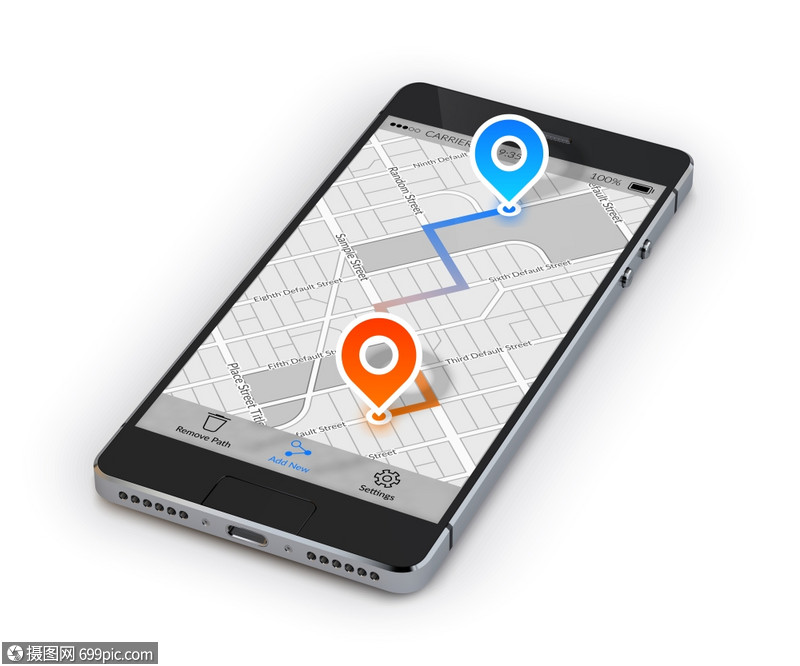 现实的3d智能手机与移动导航应用屏幕上隔离的白色背景矢量插图