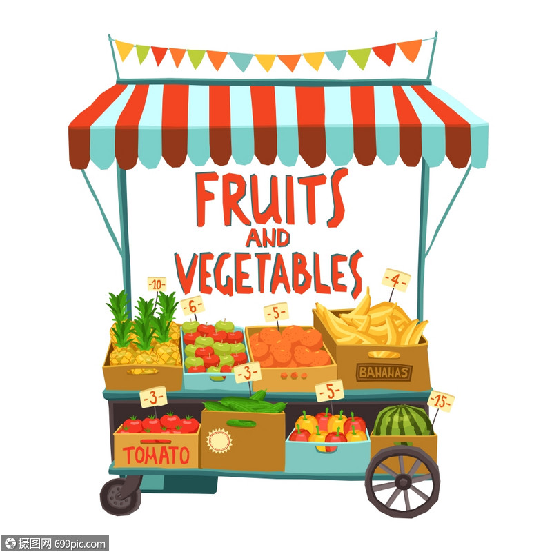 插画 背景素材 街头销售推车与水果蔬菜卡通矢量插图带水果的手推车.