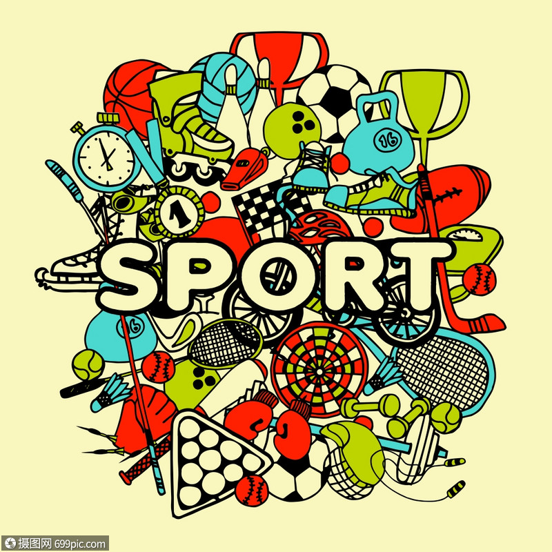 插画 背景素材 运动涂鸦拼贴与手绘游戏设备矢量插图运动涂鸦拼贴.eps