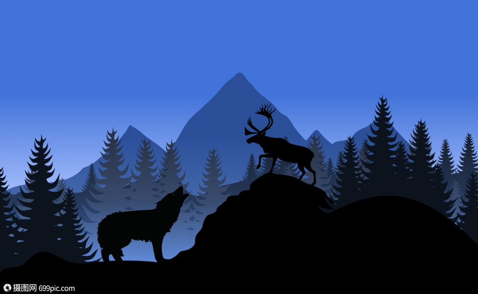山景山景狼鹿矢量插图