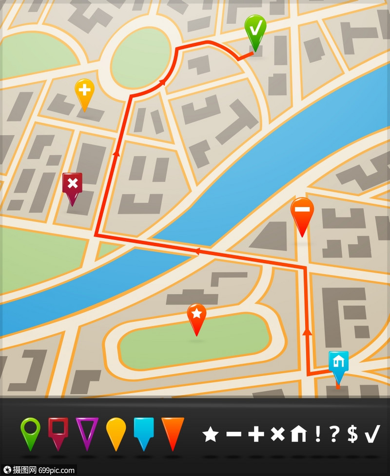 城市街道路线图与导航图标符号矢量插图