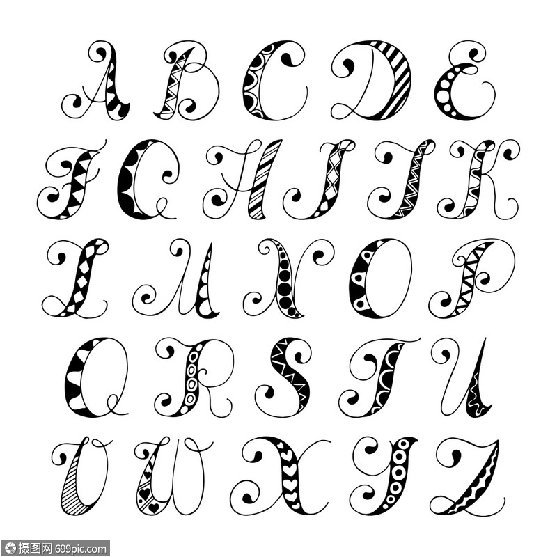素描手绘字母黑白字体字母孤立矢量插图标记写作