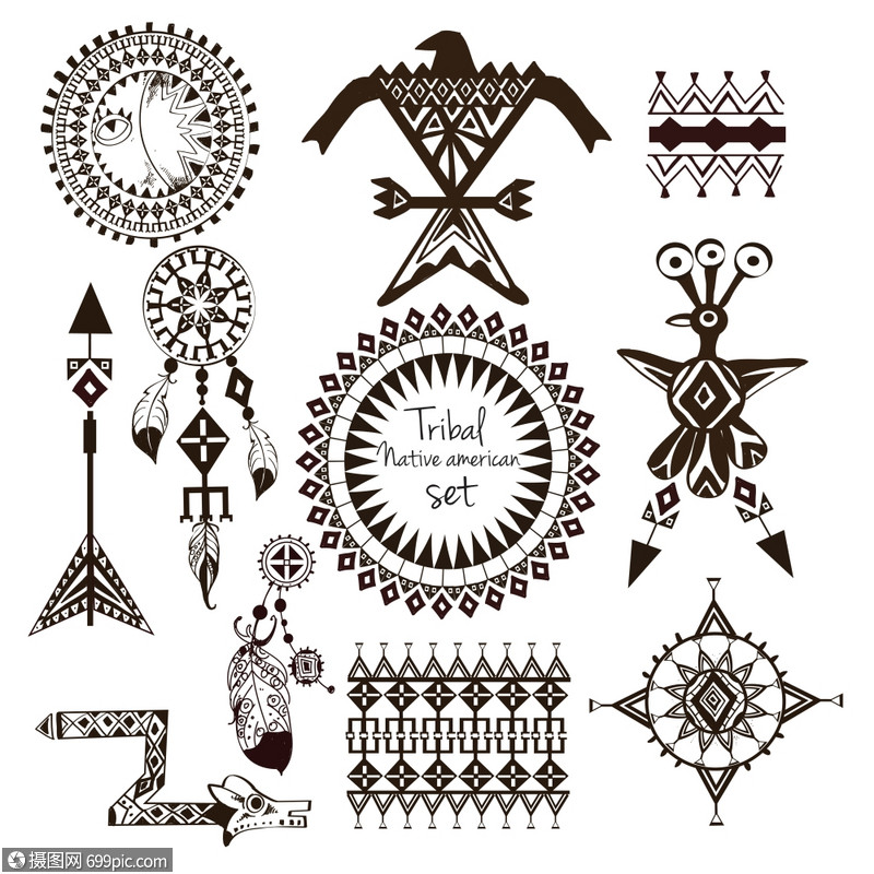 部落美洲印安人部落观赏黑白装饰元素矢量插图