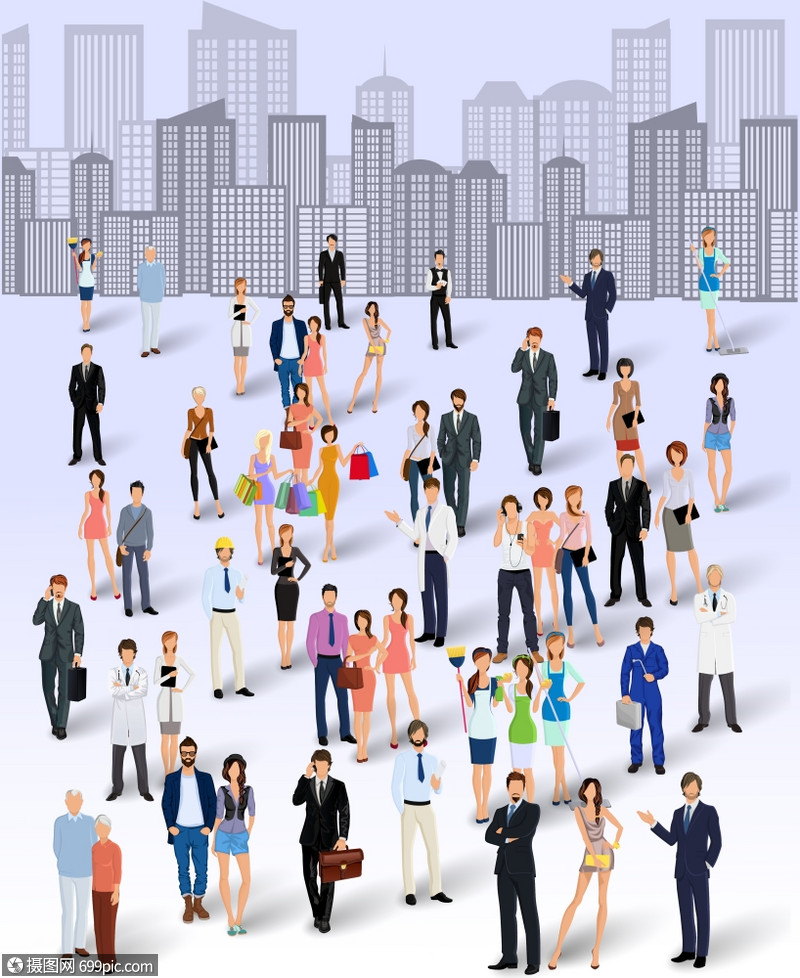 大量人群城市天际线背景海报矢量插图艺术许多的