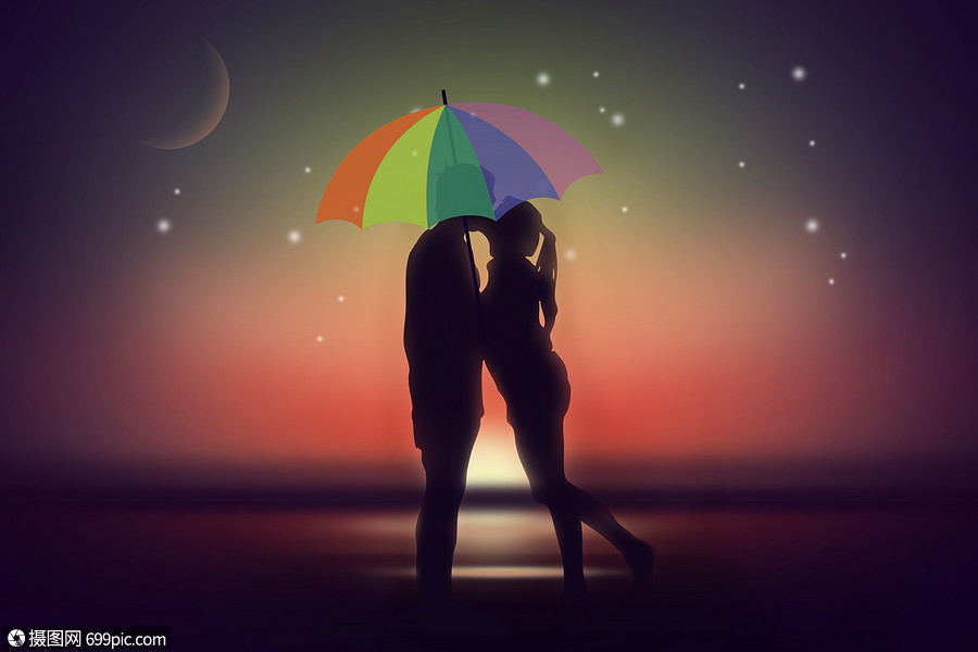 黑夜星光里雨伞下亲吻的情侣